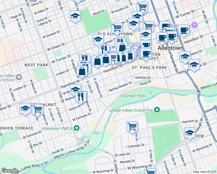 map of restaurants, bars, coffee shops, grocery stores, and more near 1137 Spring Garden Street in Allentown