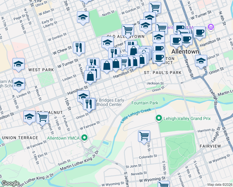 map of restaurants, bars, coffee shops, grocery stores, and more near 1214 Hickory Street in Allentown