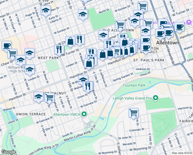 map of restaurants, bars, coffee shops, grocery stores, and more near 35 South 13th Street in Allentown