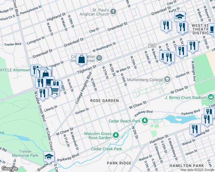 map of restaurants, bars, coffee shops, grocery stores, and more near 2721 Liberty Street in Allentown