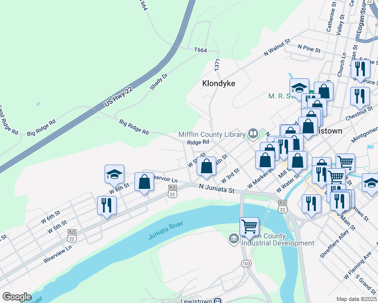 map of restaurants, bars, coffee shops, grocery stores, and more near 323 Bratton Avenue in Lewistown