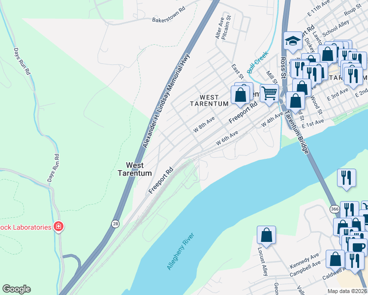 map of restaurants, bars, coffee shops, grocery stores, and more near 417 West 7th Avenue in Tarentum