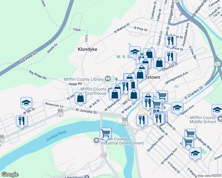 map of restaurants, bars, coffee shops, grocery stores, and more near 31 West 3rd Street in Lewistown