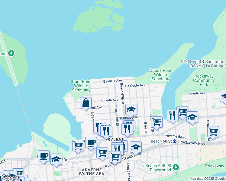 map of restaurants, bars, coffee shops, grocery stores, and more near 6-33 Beach 68th Street in Queens