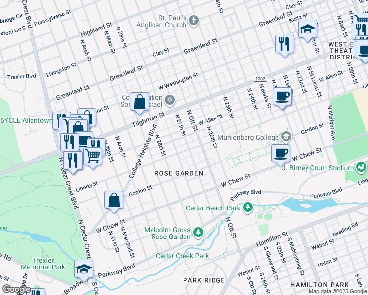 map of restaurants, bars, coffee shops, grocery stores, and more near 2721 Liberty Street in Allentown
