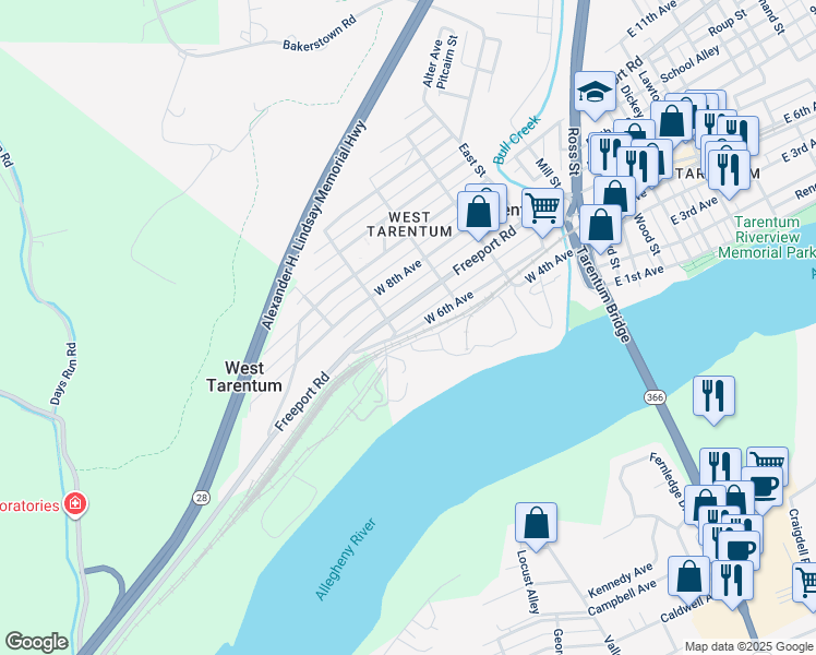 map of restaurants, bars, coffee shops, grocery stores, and more near 344 West 6th Avenue in Tarentum