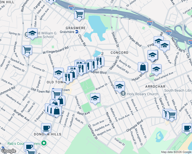 map of restaurants, bars, coffee shops, grocery stores, and more near 34 Mallory Avenue in Staten Island
