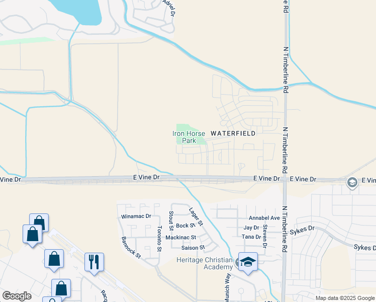 map of restaurants, bars, coffee shops, grocery stores, and more near 2114 East Vine Drive in Fort Collins