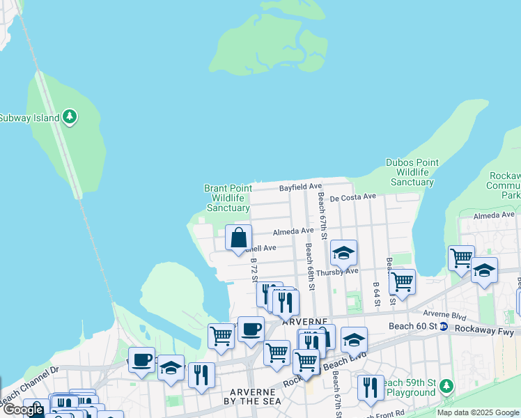 map of restaurants, bars, coffee shops, grocery stores, and more near 69-46 Hillmeyer Avenue in Queens