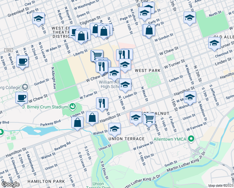 map of restaurants, bars, coffee shops, grocery stores, and more near 116 North 18th Street in Allentown