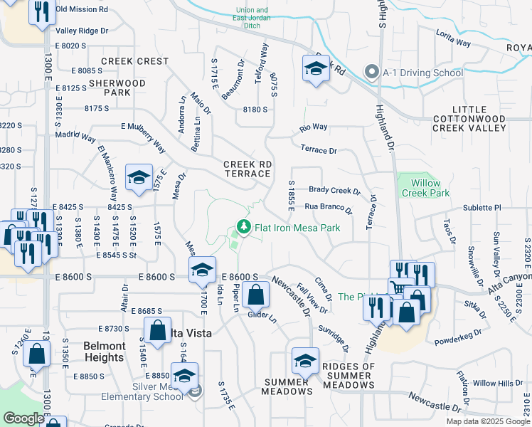 map of restaurants, bars, coffee shops, grocery stores, and more near 1818 Viscounti Drive in Sandy