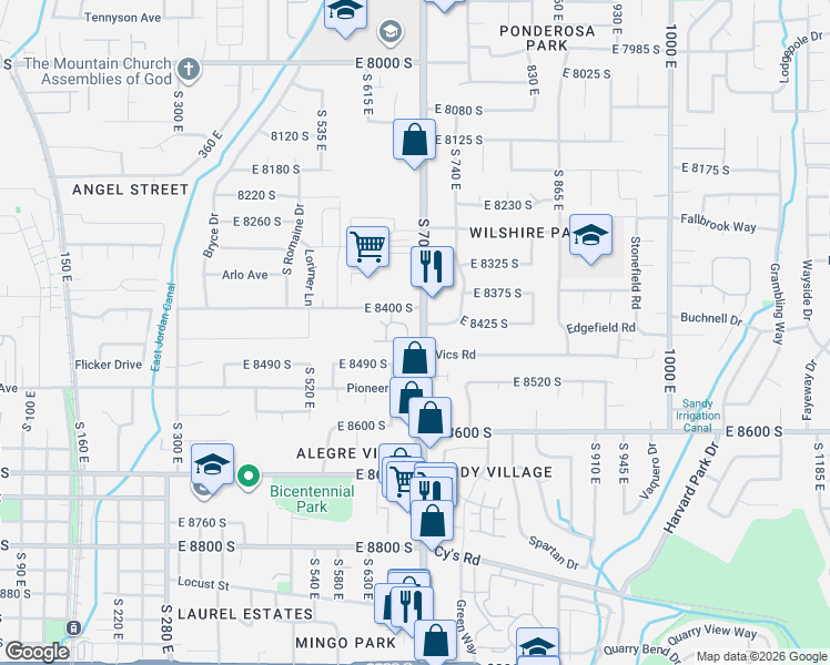 map of restaurants, bars, coffee shops, grocery stores, and more near 656 Stonefly Dr in Sandy