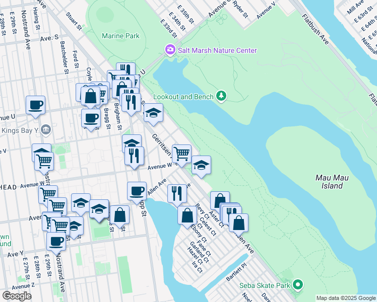 map of restaurants, bars, coffee shops, grocery stores, and more near 2479 Stuart Street in Brooklyn