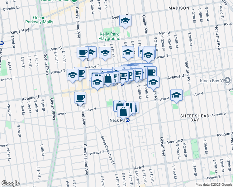 map of restaurants, bars, coffee shops, grocery stores, and more near 2134 East 15th Street in Brooklyn