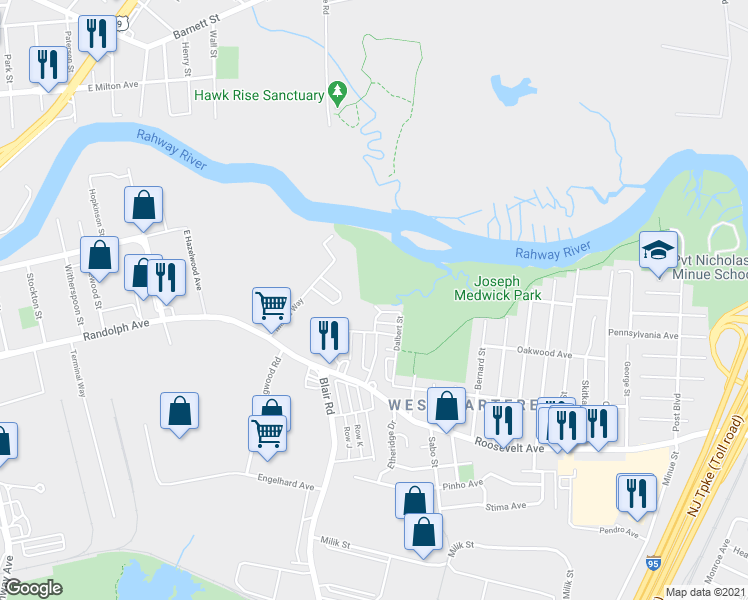 map of restaurants, bars, coffee shops, grocery stores, and more near 28 Dalbert Street in Carteret