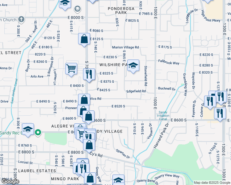 map of restaurants, bars, coffee shops, grocery stores, and more near 841 Vics Road in Sandy