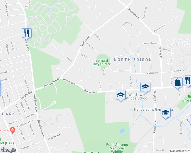 map of restaurants, bars, coffee shops, grocery stores, and more near 101 King Street in Edison