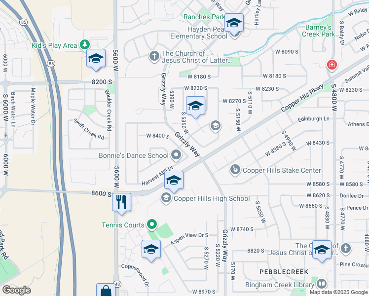 map of restaurants, bars, coffee shops, grocery stores, and more near 8453 Windmill Drive in West Jordan