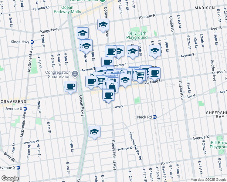 map of restaurants, bars, coffee shops, grocery stores, and more near 2134 East 12th Street in Brooklyn