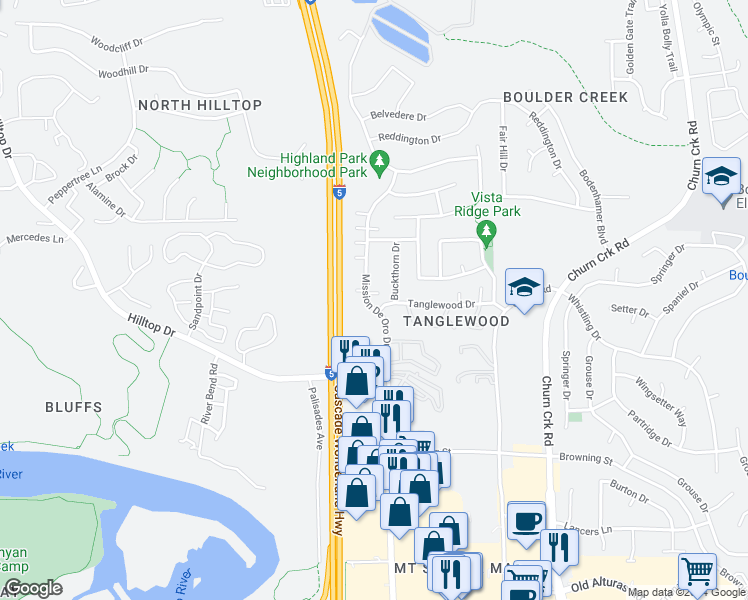 map of restaurants, bars, coffee shops, grocery stores, and more near 691 Mission De Oro Drive in Redding