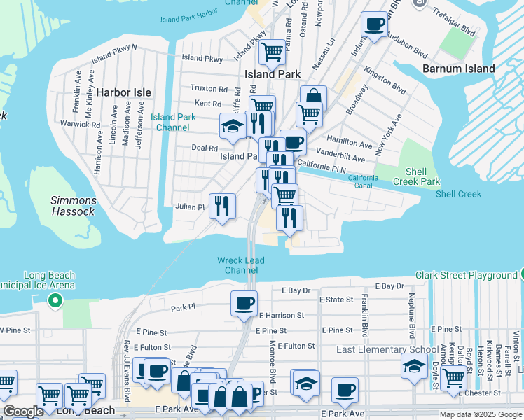 map of restaurants, bars, coffee shops, grocery stores, and more near 4601 Austin Boulevard in Island Park