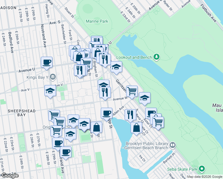 map of restaurants, bars, coffee shops, grocery stores, and more near 2270 Plumb 1st Street in Brooklyn