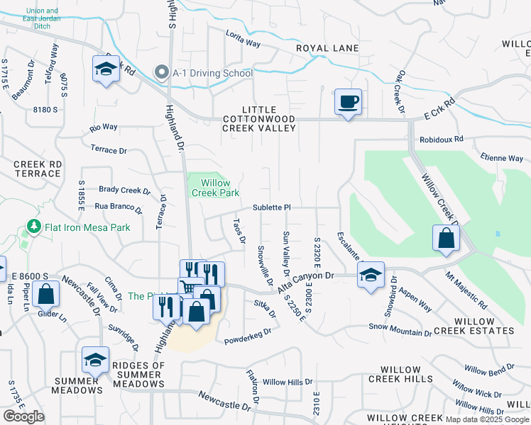 map of restaurants, bars, coffee shops, grocery stores, and more near 2218 Sublette Place in Sandy
