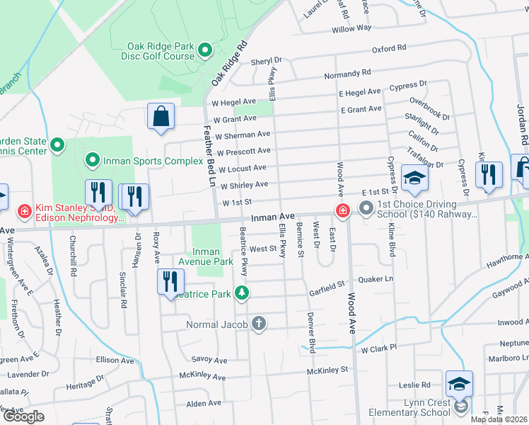 map of restaurants, bars, coffee shops, grocery stores, and more near 865 Inman Avenue in Edison