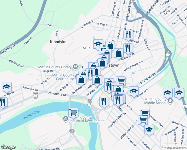 map of restaurants, bars, coffee shops, grocery stores, and more near 13 East Market Street in Lewistown