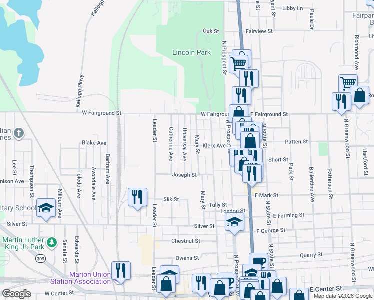 map of restaurants, bars, coffee shops, grocery stores, and more near 546 Universal Avenue in Marion