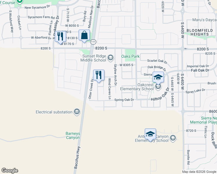 map of restaurants, bars, coffee shops, grocery stores, and more near 8442 Wind Caves Lane in West Jordan
