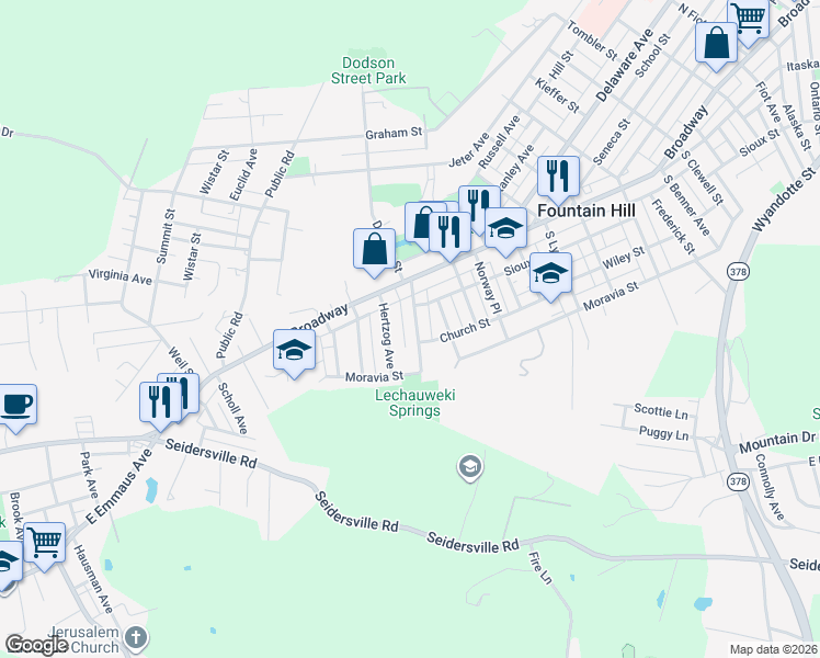 map of restaurants, bars, coffee shops, grocery stores, and more near 704 Lechauweki Avenue in Fountain Hill