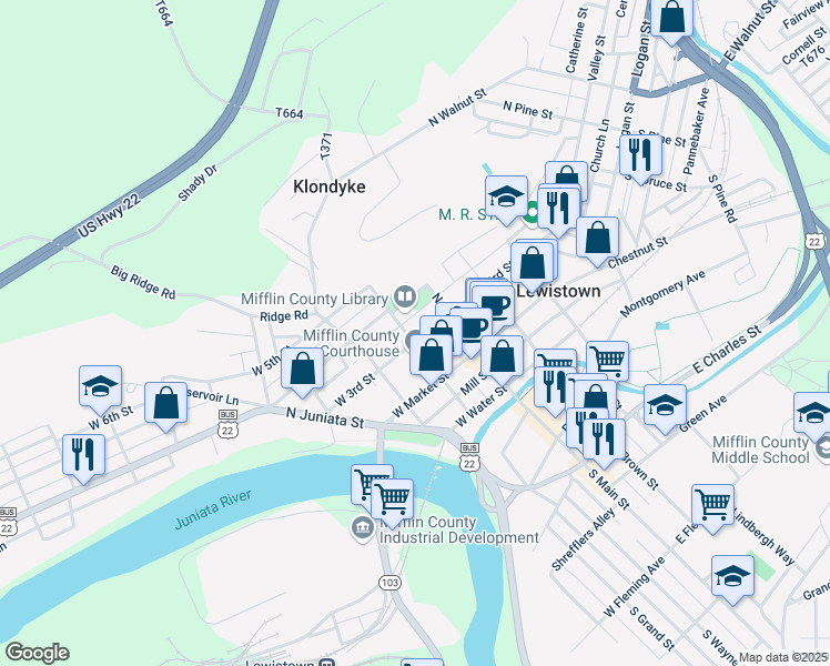 map of restaurants, bars, coffee shops, grocery stores, and more near 31 West 3rd Street in Lewistown