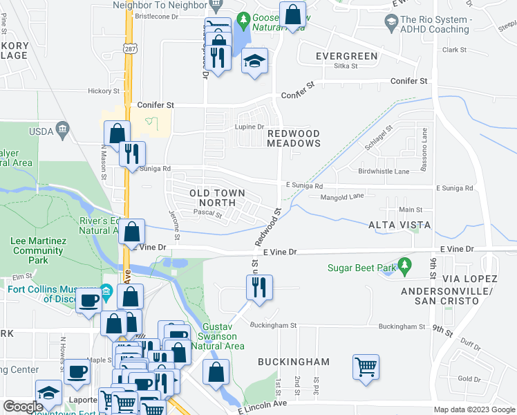 map of restaurants, bars, coffee shops, grocery stores, and more near 527 Osiander Street in Fort Collins