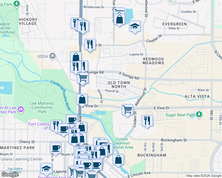 map of restaurants, bars, coffee shops, grocery stores, and more near 803 Blondel Street in Fort Collins
