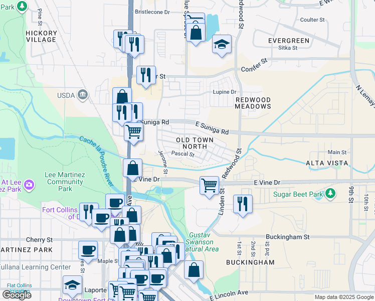 map of restaurants, bars, coffee shops, grocery stores, and more near 257 Pascal Street in Fort Collins