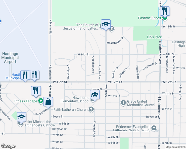 map of restaurants, bars, coffee shops, grocery stores, and more near 2201 Indian Acres Drive in Hastings