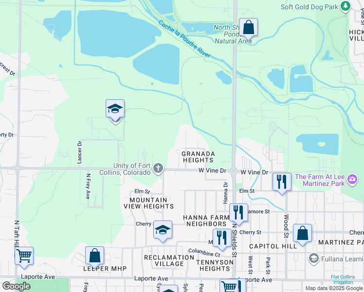 map of restaurants, bars, coffee shops, grocery stores, and more near 725 Aztec Drive in Fort Collins