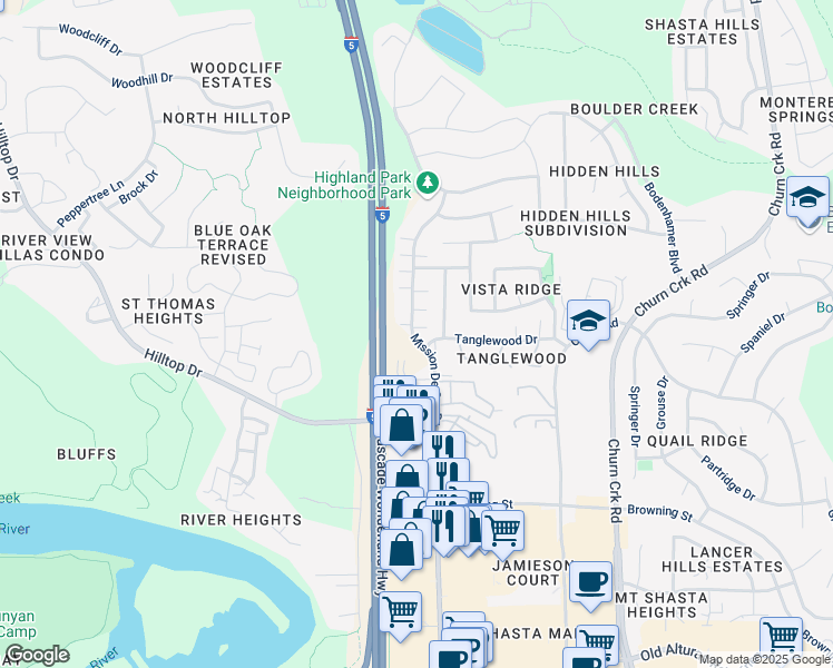 map of restaurants, bars, coffee shops, grocery stores, and more near 814 Mission De Oro Drive in Redding