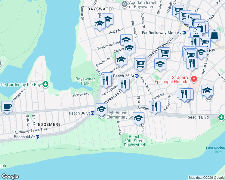 map of restaurants, bars, coffee shops, grocery stores, and more near 521 Beach 32nd Street in Queens