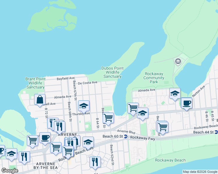 map of restaurants, bars, coffee shops, grocery stores, and more near 62-0 Almeda Avenue in Queens