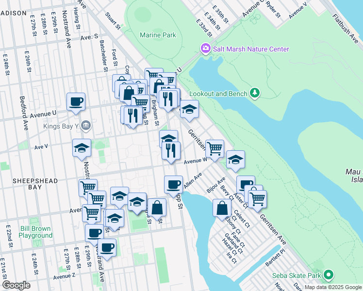 map of restaurants, bars, coffee shops, grocery stores, and more near 2308 Knapp Street in Brooklyn