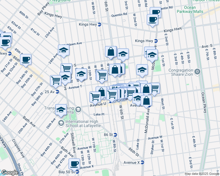 map of restaurants, bars, coffee shops, grocery stores, and more near 2049 West 7th Street in Brooklyn