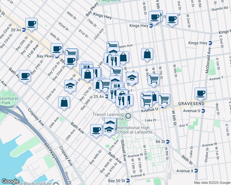 map of restaurants, bars, coffee shops, grocery stores, and more near 2533 86th Street in Brooklyn