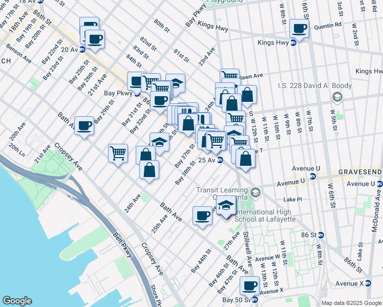 map of restaurants, bars, coffee shops, grocery stores, and more near 46 Bay 38th Street in Brooklyn