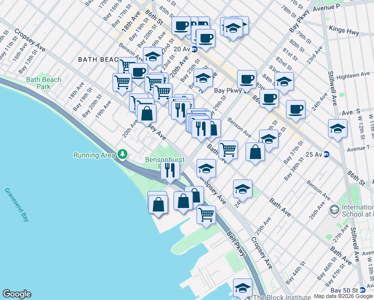 map of restaurants, bars, coffee shops, grocery stores, and more near 2198 Cropsey Avenue in Brooklyn