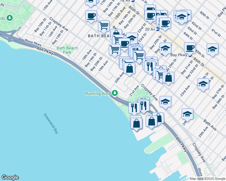 map of restaurants, bars, coffee shops, grocery stores, and more near 1489 Shore Parkway in Brooklyn