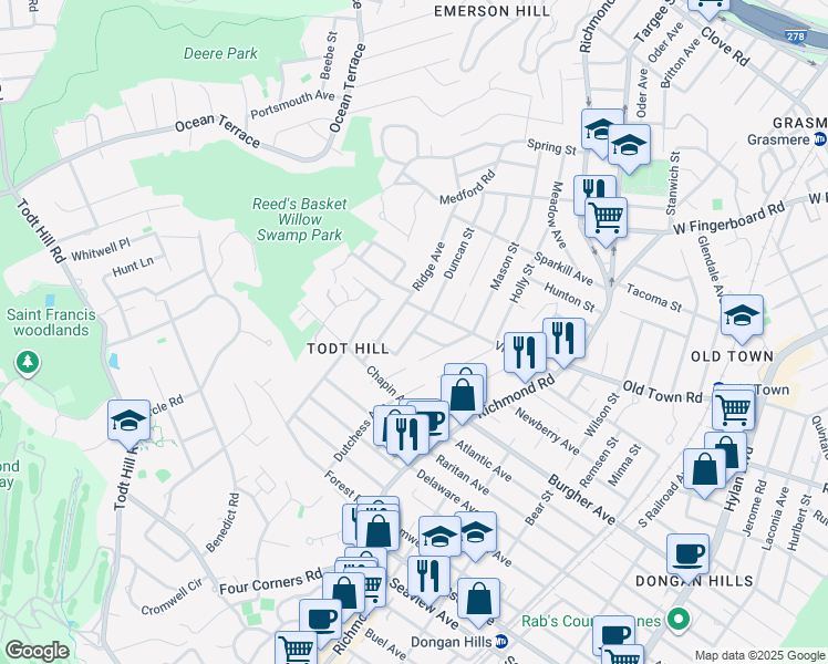 map of restaurants, bars, coffee shops, grocery stores, and more near 48 Oakdale Avenue in Staten Island
