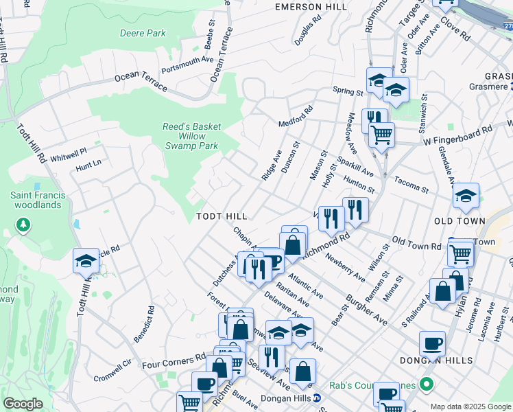 map of restaurants, bars, coffee shops, grocery stores, and more near 48 Oakdale Avenue in Staten Island
