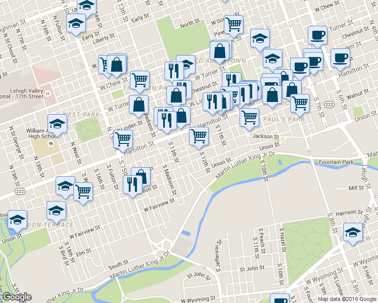 map of restaurants, bars, coffee shops, grocery stores, and more near 1214 Hickory Street in Allentown